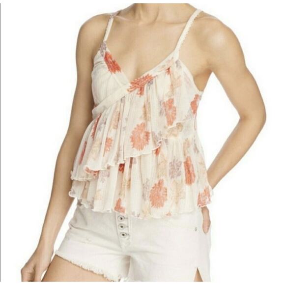 Free‎ People Asymmetrical Spaghetti Strap Top Cream + Floral Women Sz Med - Picture 2 of 8